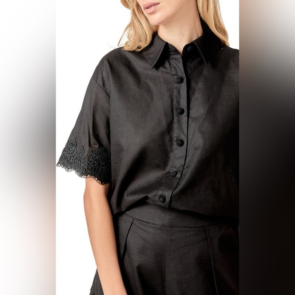 *NWT* English Factory Women’s Black Embroidered Lace Linen Blend Shirt, Size XS - Picture 4 of 16